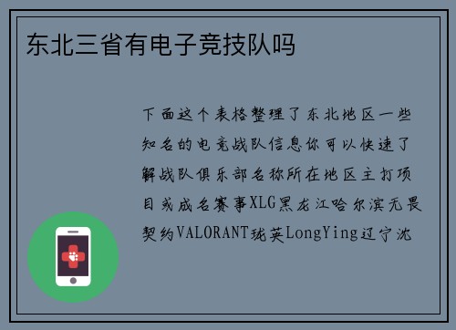 东北三省有电子竞技队吗